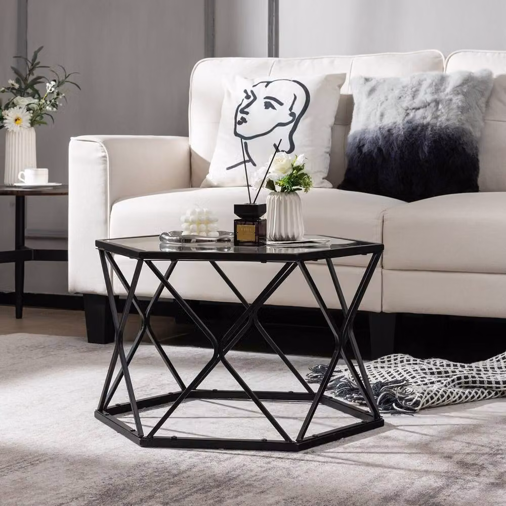 Costway Geometric Hexagonal Coffee Table and End Table with Tempered Glass Top and Metal X-Frame in Black – 4