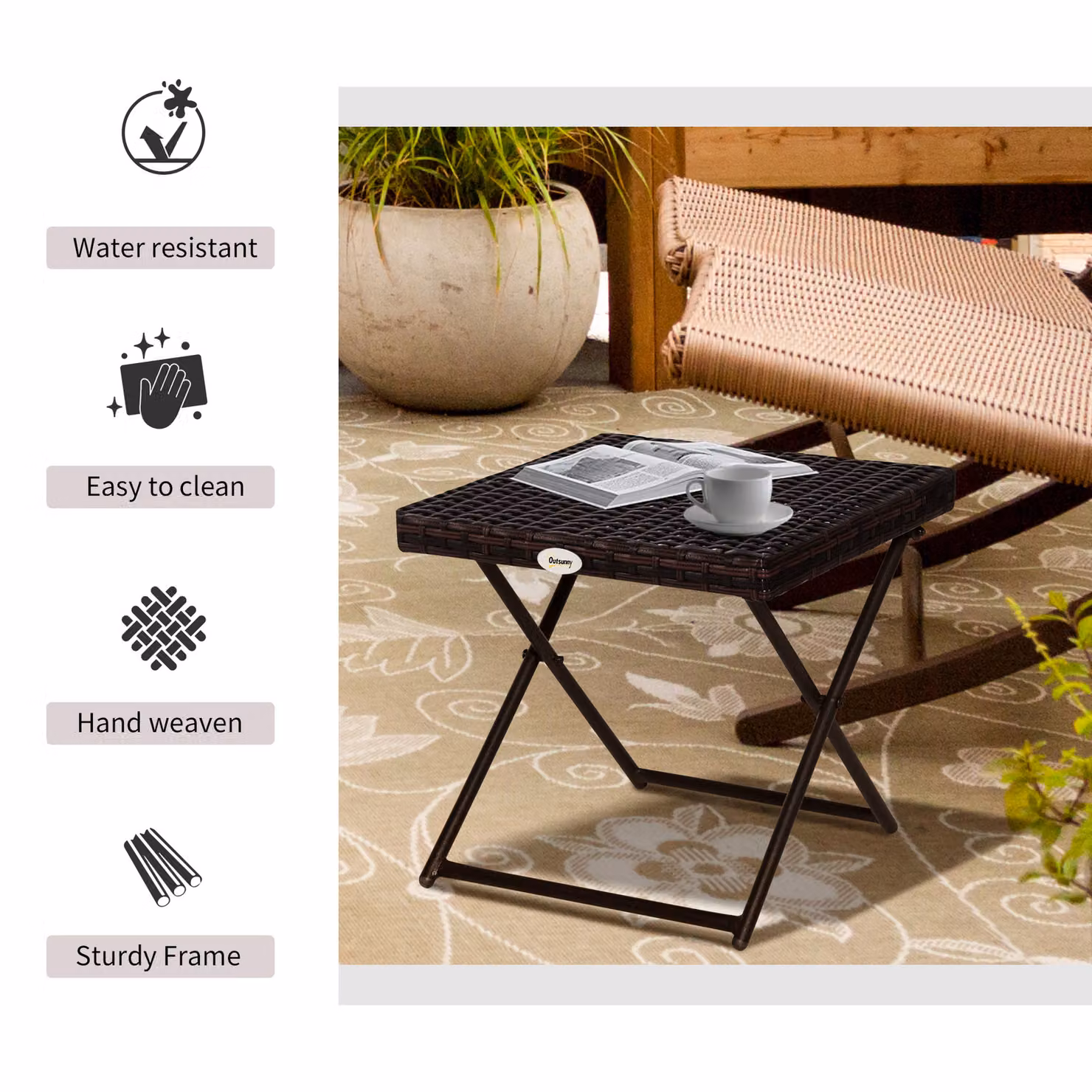 Outsunny Brown Rattan Folding Square Coffee Table for Garden and Balcony, W/D/H: 40 x 40 x 40 cm – 4