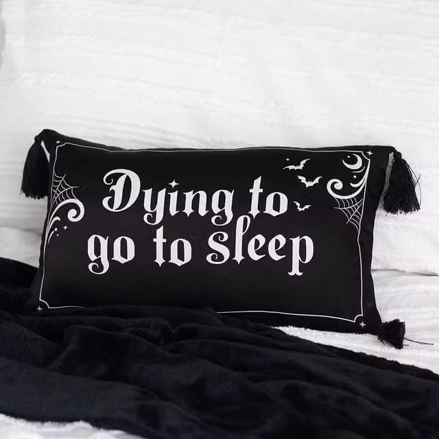 Uniqueful Dying to Go to Sleep Satin Cushion in Black, 40 x 40 cm – 1
