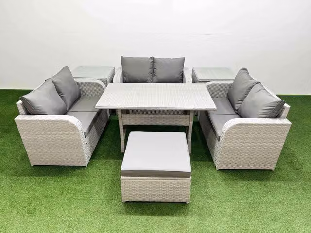 Fimous 7 Seater PE Wicker Rattan Garden Furniture Set in Light Grey with Rectangular Dining Table, 2 Seater Love Sofa, Big Footstool and 2 Side Tables