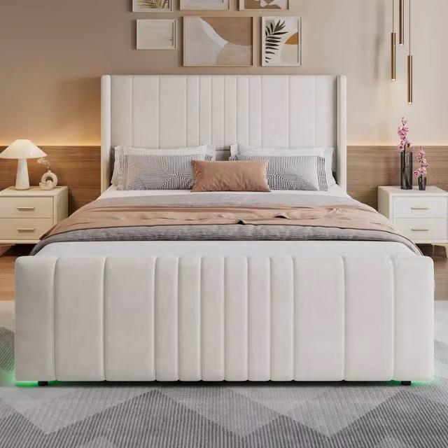 Merax Double Velvet Ottoman Storage Bed with LED Lighting, Beige, W/D/H: 140 x 200 x 121 cm