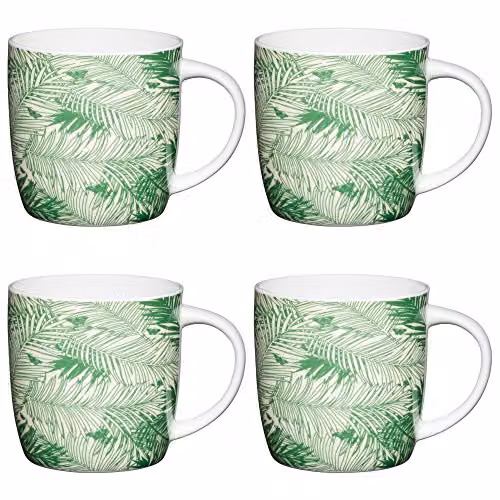 KitchenCraft Set of 4 Bone China Floral Palm Mugs in Green and White, 425 ml