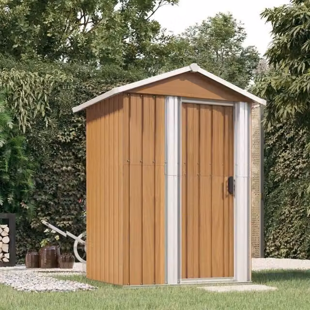 Berkfield Home Brown Galvanised Steel Garden Shed with Sliding Doors, W/D/H: 126 x 97.5 x 177 cm – 1