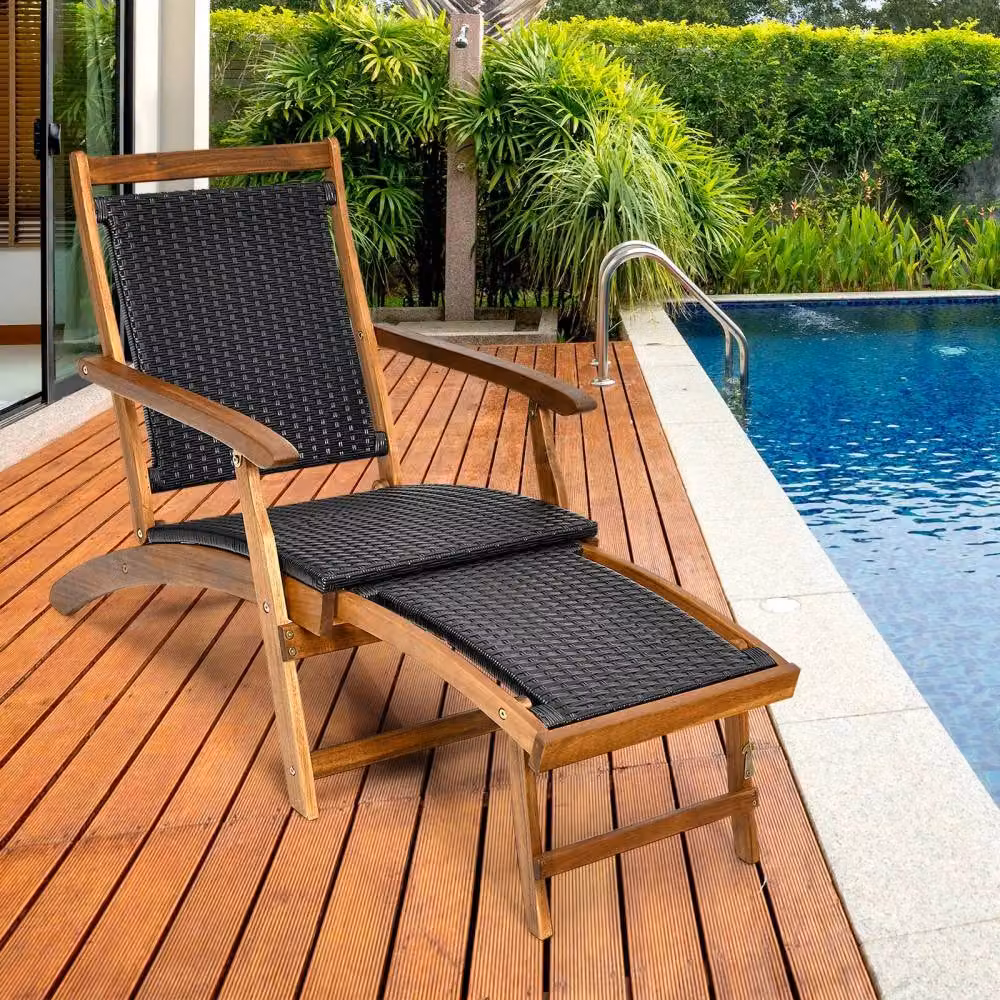 Costway Folding Acacia Wood Lounge Chair with Retractable Footrest in Dark Brown – 3