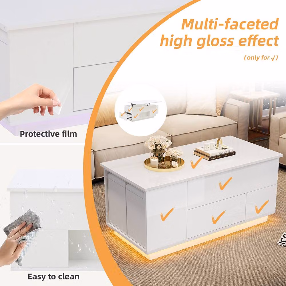 ModernLuxe High Gloss 4-in-1 Storage Coffee Table with LED and 2 Drawers in White – 3