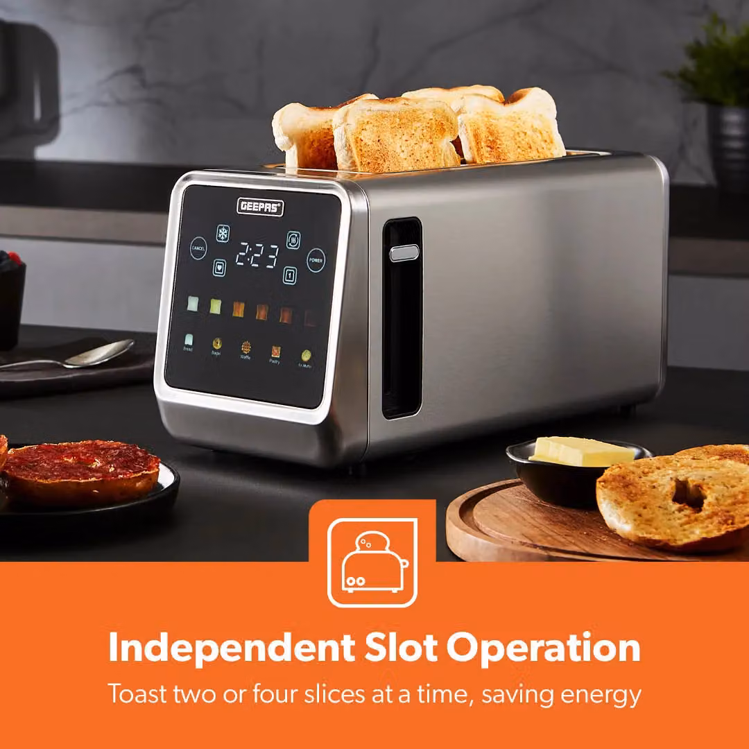 Geepas 4-Slice Digital Touch Toaster with 6 Browning Levels, Reheat and Defrost Functions in Metallic Silver – 4