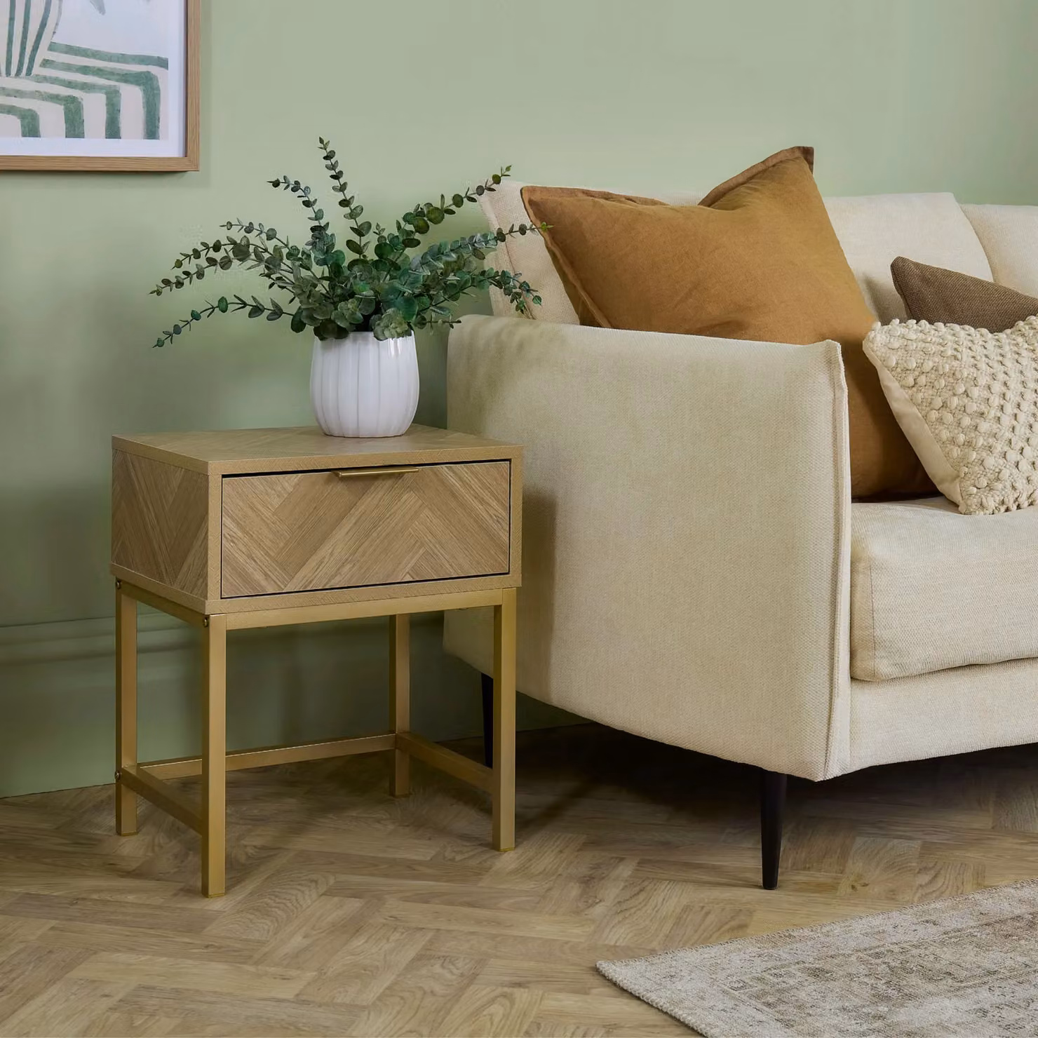 VonHaus Ducie Set of 2 Herringbone Design 1 Drawer Bedside Tables in Brown and Gold – 3