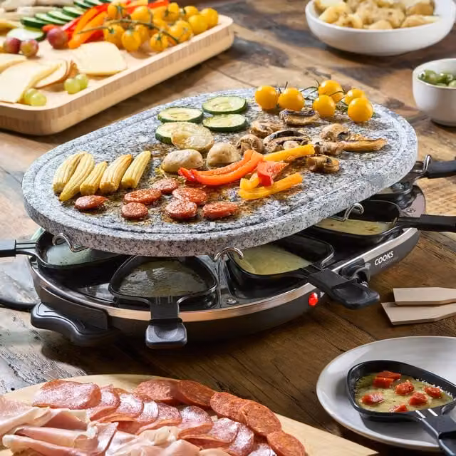 Cooks Professional 1200W Electric Raclette Grill with Natural Stone Plate, Fondue Pans and Spatulas, Grey