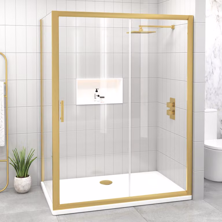 Royal Bathrooms Venice Rectangular Sliding Door Shower Enclosure with 6mm Glass, Gold/Brushed Brass, W: 140 cm, D: 90 cm