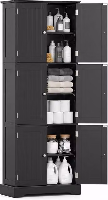 Gymax Tall Black Freestanding Bathroom Storage Cabinet with 6 Hinged Doors – 1
