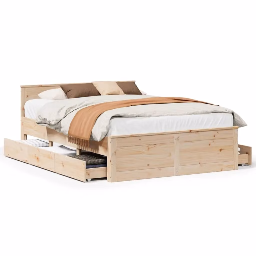Berkfield Home Solid Wood Pine Bed Frame with Headboard in Brown, W: 140 cm, D: 190 cm – 2