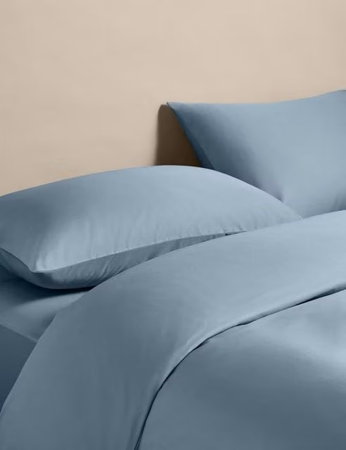 M&S Egyptian Cotton 400 Thread Count Mako Satin Bedding Set with Duvet Cover and Pillowcase, Dusty Blue, W: 140 cm, L: 200 cm