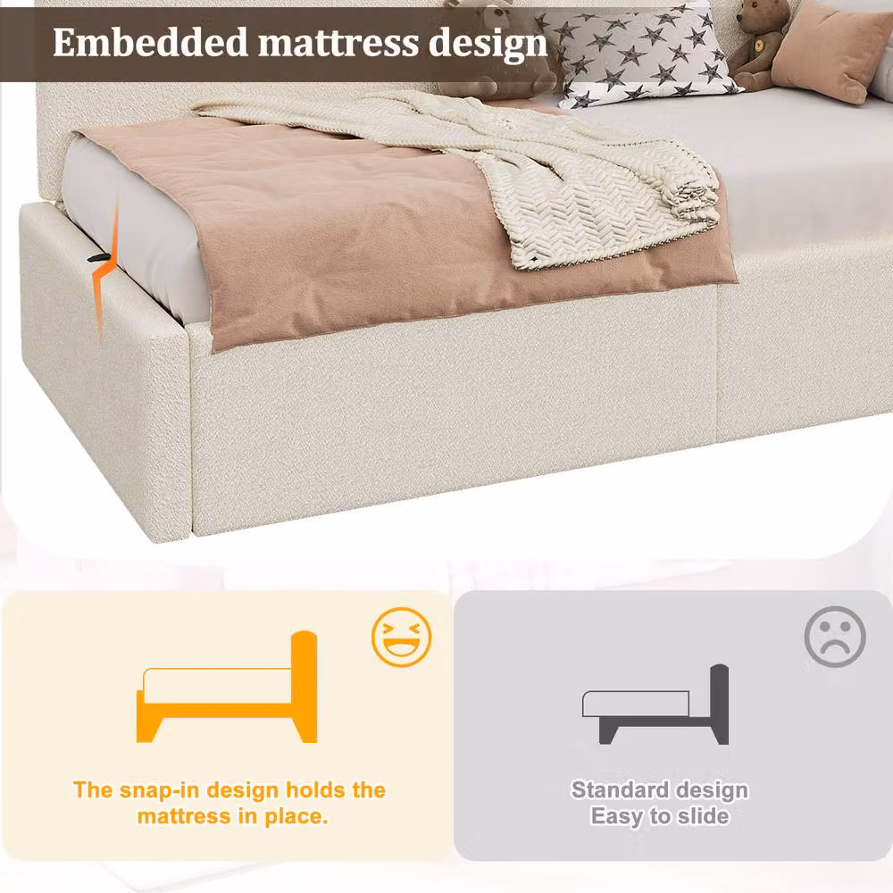 Matteo Beige Bouclé Upholstered Single Daybed with Storage, USB Charging Port and Integrated Reading Light, W/D/H: 90 x 200 cm – 2