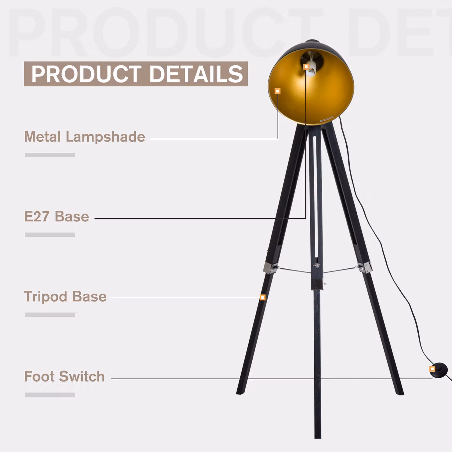 HOMCOM Industrial Tripod Spotlight with Adjustable Wooden Legs and Gold Metallic Cone Shade in Black and Brass – 3