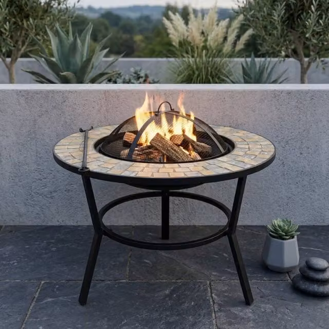 Garden Greatness Montage Mosaic Round Steel Fire Pit in Multicolour, Diameter: 60 cm