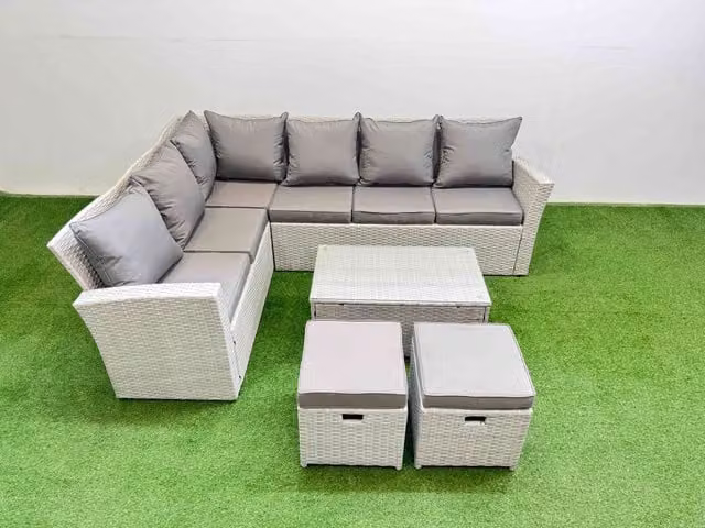 Fimous 8 Seater Outdoor Rattan Garden Furniture Set with Oblong Coffee Table in Light Grey