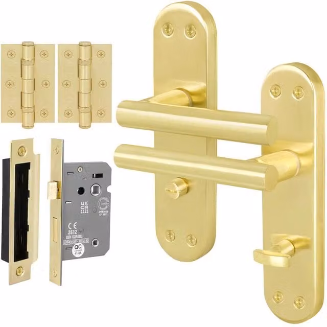 AFIT T-Bar Satin Brass Bathroom Backplate Lock and 64mm Hinges Set in Gold, 150 x 150 mm – 1