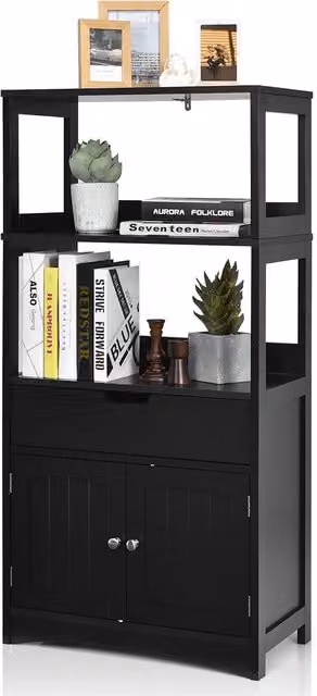 Costway Black Wooden Tall Freestanding Bathroom Floor Cabinet with 2 Open Shelves and Internal Storage – 1