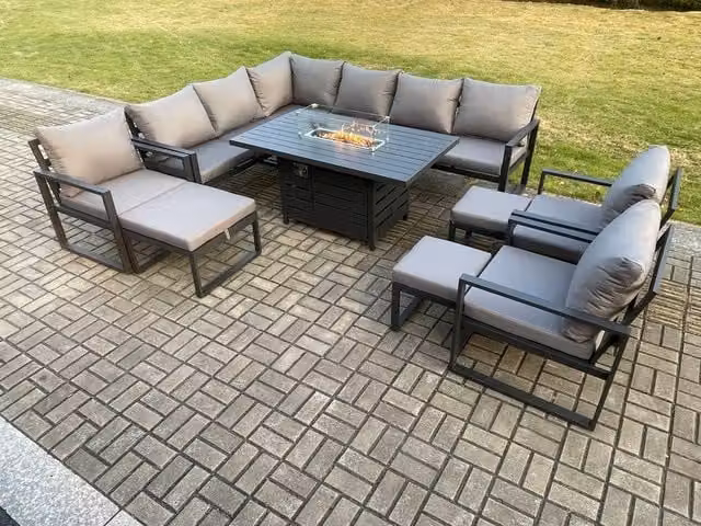 Fimous 11 Piece Aluminium Garden Furniture Set with Corner Sofa, Gas Fire Pit Dining Table, 3 Chairs and 3 Footstools in Dark Grey