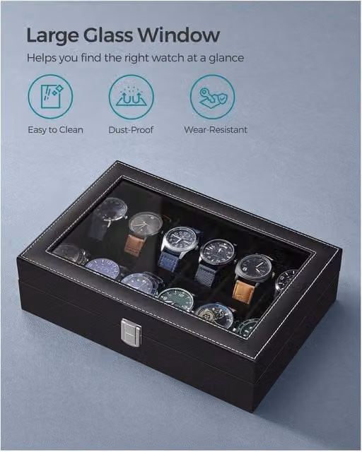 SONGMICS 12-Slot Watch Box Case with Glass Lid, Black, W/D/H: 30.2 x 30.2 x 8 cm