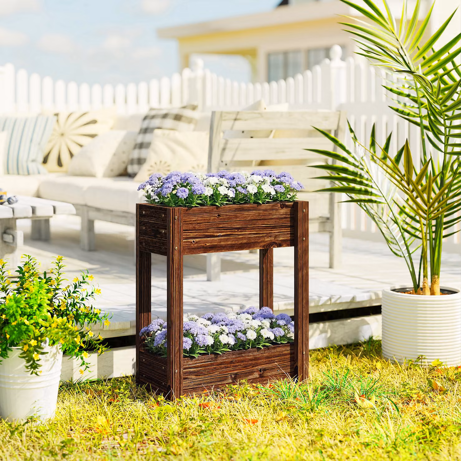 Outsunny 2-Tier Wooden Raised Planter in Brown with Bed Liner and Drainage Holes, W/D/H: 70 x 60 x 25 cm – 2