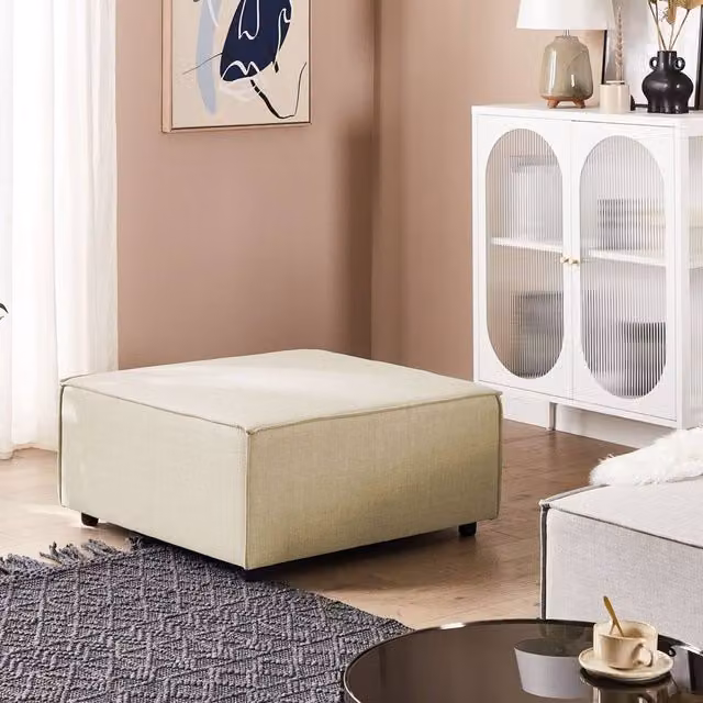 Wyld and Coco Beige Faux Linen Square Ottoman Modern Footstool – 1