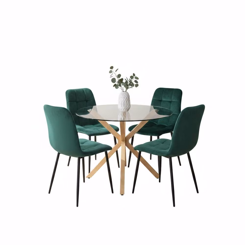 Kosy Koala Round Glass Dining Table Set with 4 Green Velvet Chairs – 2