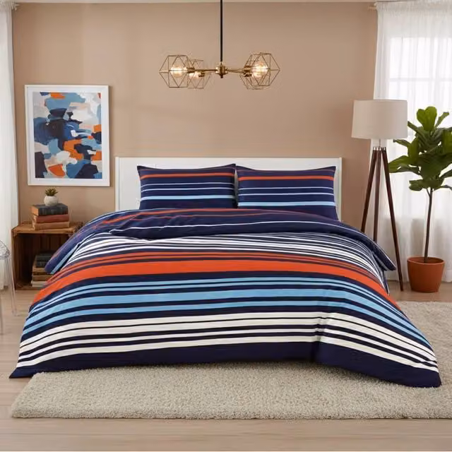 Snug City Blue and Multicolour Striped Duvet Set and Pillowcase with Classic Pattern, W/D/H: 180 x 200 cm