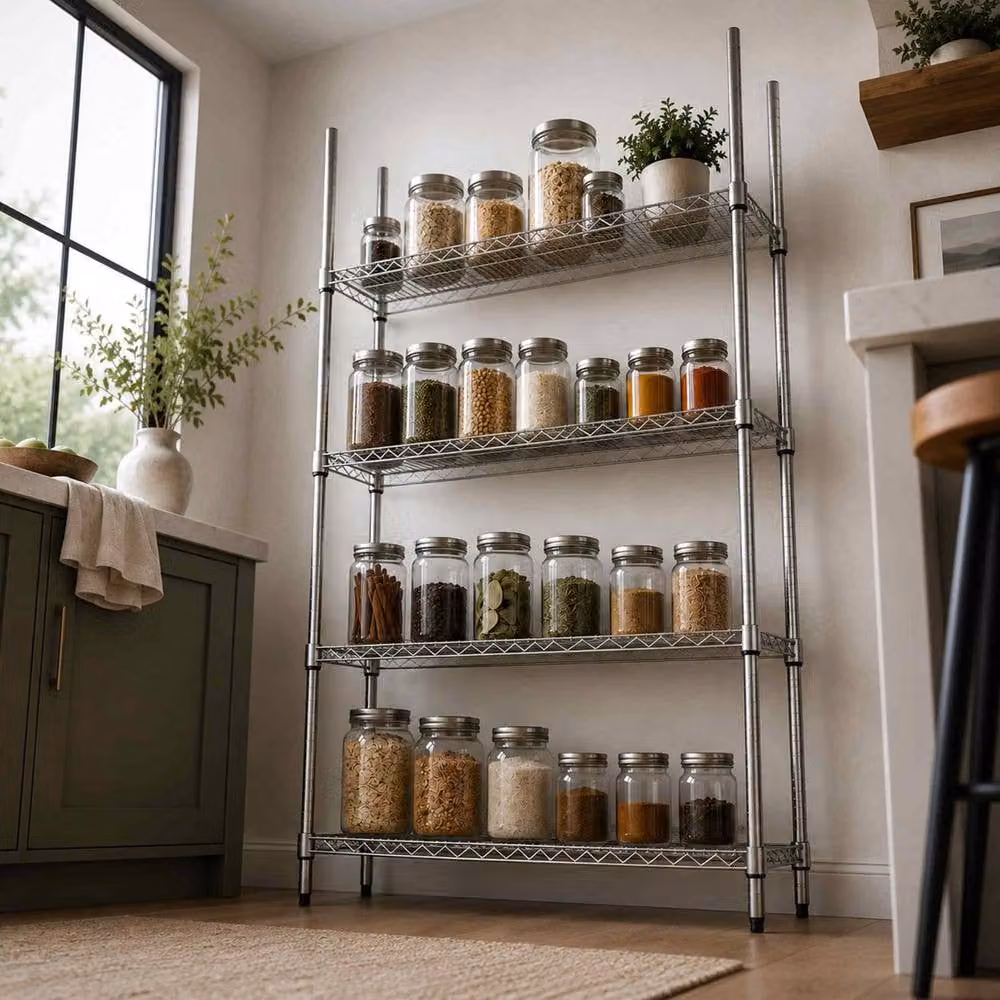 Oypla 4 Tier Heavy Duty Metal Wire Shelving Unit with Wheels and Adjustable Shelves in Silver – 3
