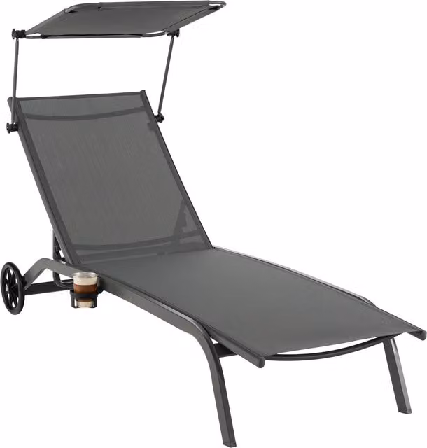 Costway Grey Metal Patio Chaise Lounge Chair with Sun Canopy, Cup Holders and Castors