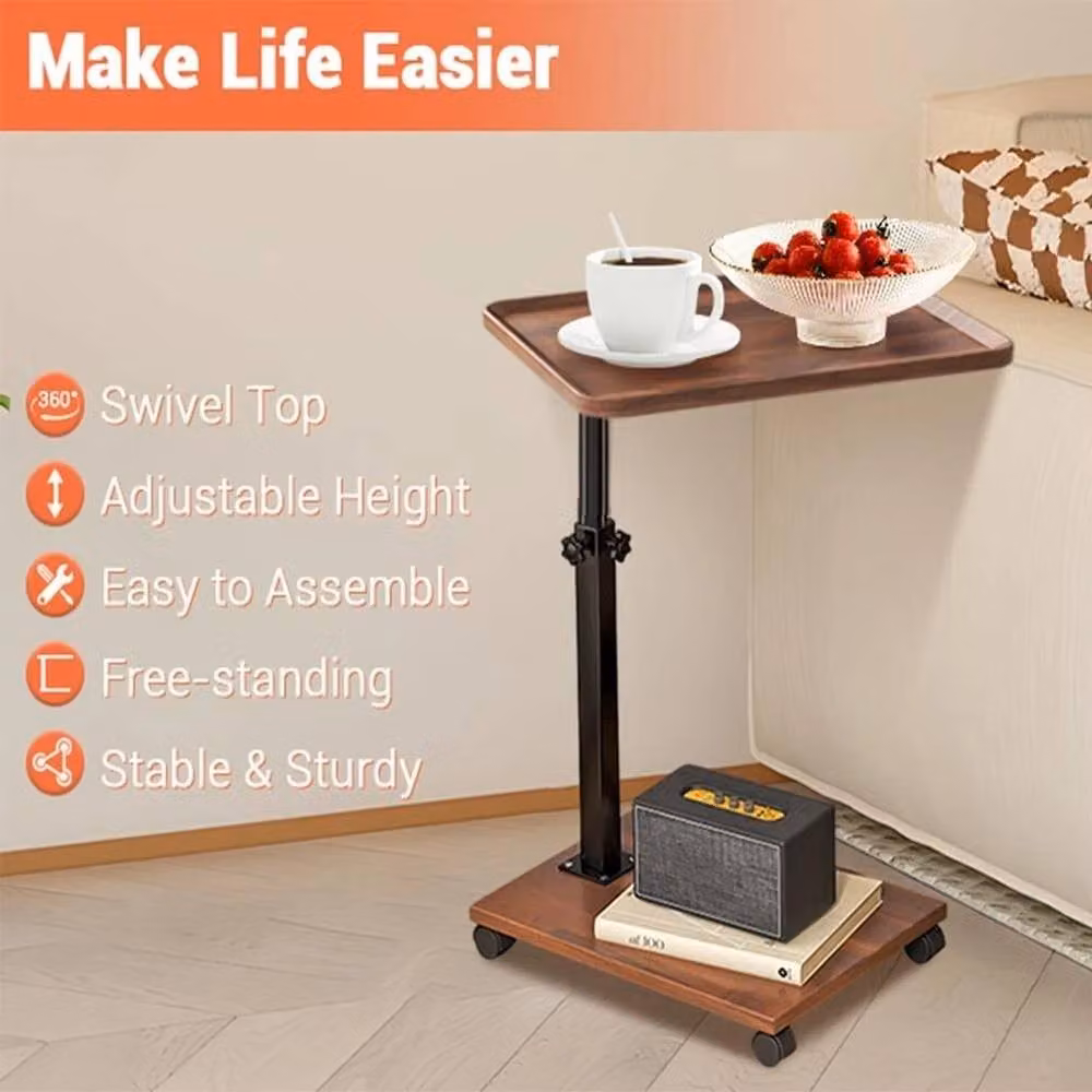VOGREX Adjustable Height C-Shaped Swivel Side Table with Wheels, Brown – 3