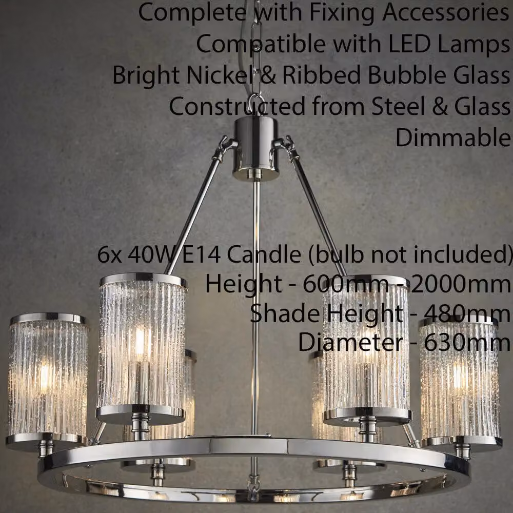 Loops 6 Light Chandelier Pendant with Silver Nickel Finish and Transparent Ribbed Glass Shades – 2