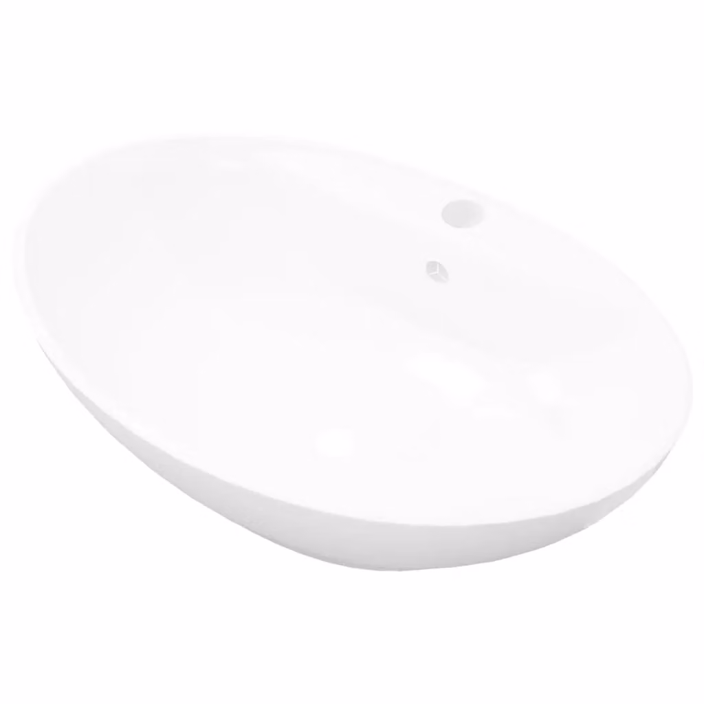 Berkfield Home Luxury Oval Ceramic Basin with Overflow and Faucet Hole in White, W/D/H: 58.5 x 39.0 x 21.0 cm – 2