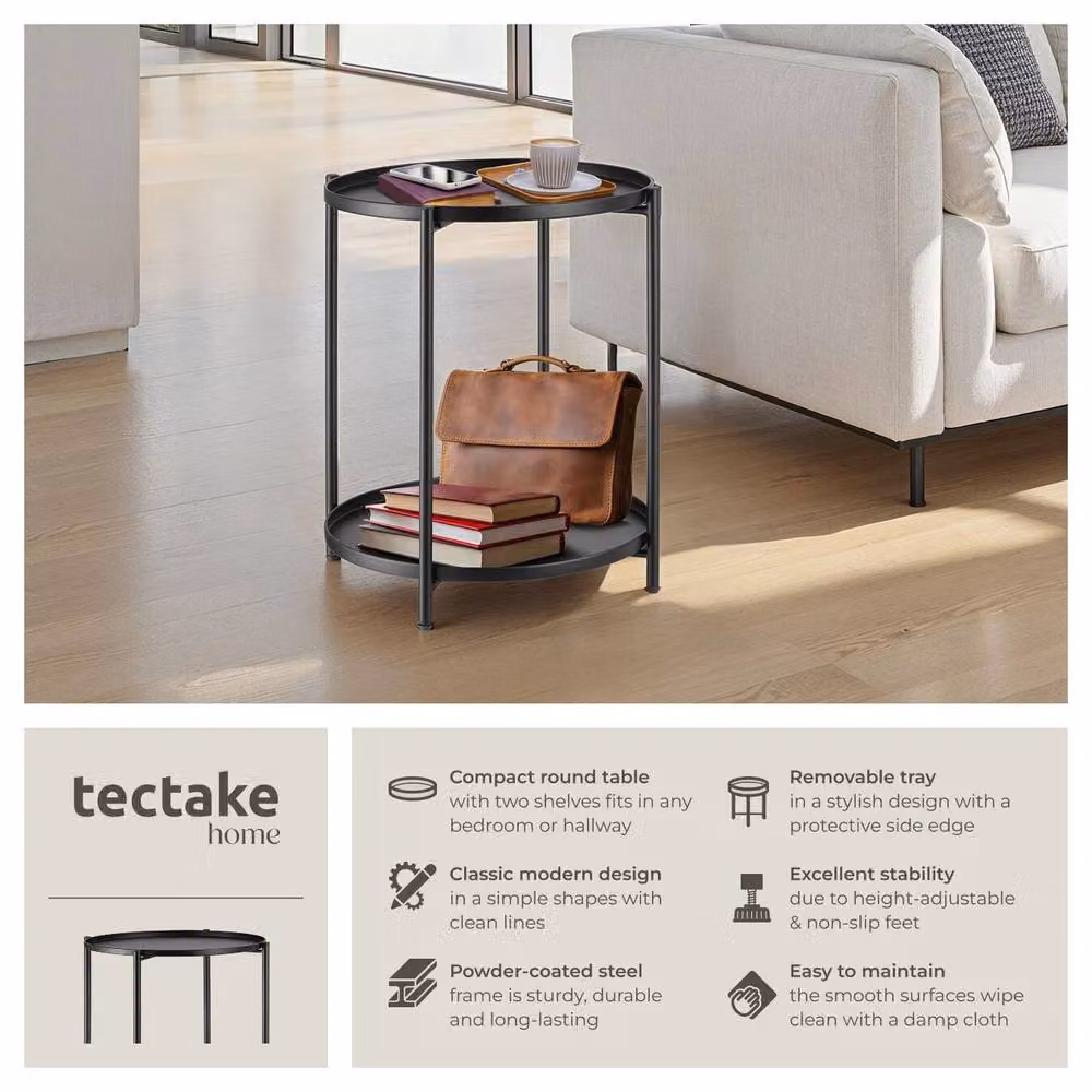 tectake Oxford Round Bedside Table with Glass Top and Metal Legs in Black – 2