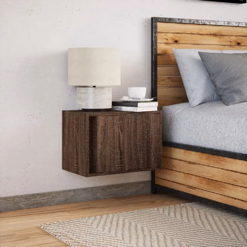 Berkfield Home Wall-mounted Bedside Cabinet with Integrated LED Lights in Brown Oak – 3