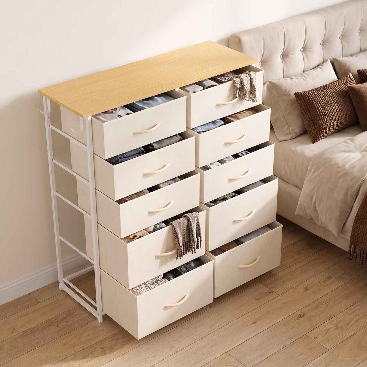 HOMCOM Beige Chest of Drawers with 10 Fabric Drawers, Tall Steel Frame Storage Unit with 4 Pockets and 2 Hooks – 2