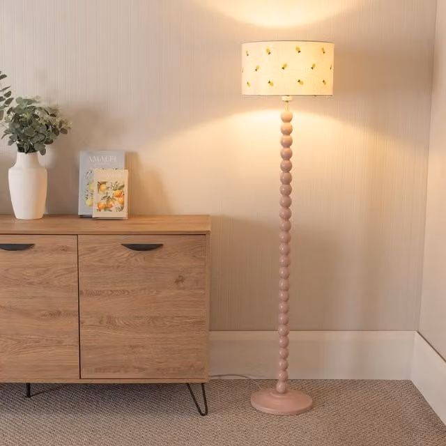 ValueLights Bobbins Floor Lamp with Lemon Embroidered Fabric Shade in Rose Pink
