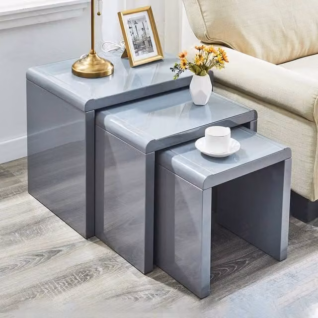 PAWNORA Nest of 3 Modern Grey Glossy Glass and Metal Coffee Tables – 1