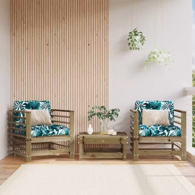 Berkfield Home Set of 2 Rustic Brown Impregnated Pine Garden Chairs with Floral Cushions