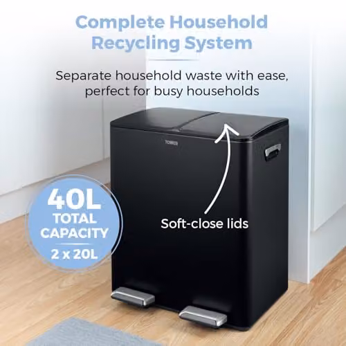 Tower T838022BLK 40L Recycling Pedal Bin with Two 20L Compartments and Removable Inner Buckets, Black Coated Steel – 3