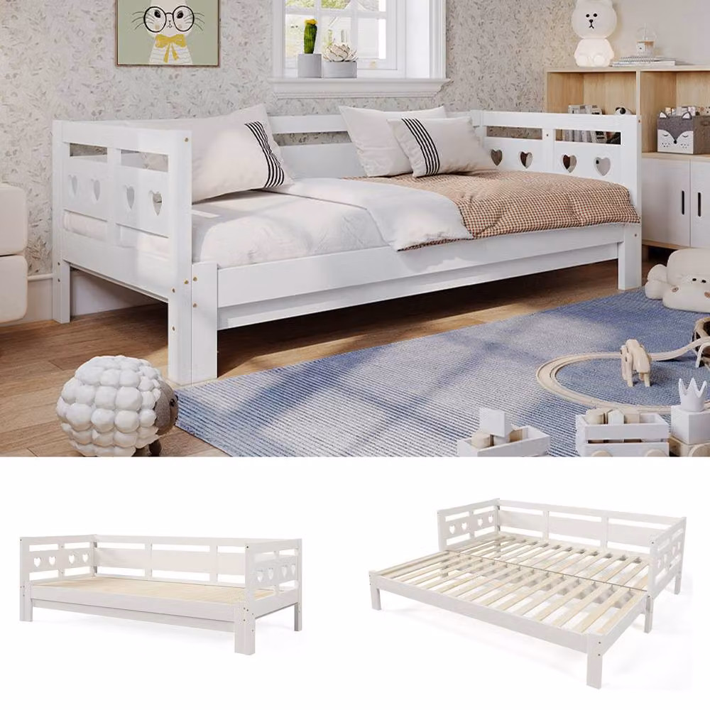 STILVORA Modern Single Bed Frame with Trundle in White – 3