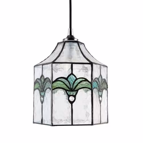 Happy Homewares Classic Lantern Tiffany Pendant Light Shade with Transparent Glass and Green Accents, W: 19 cm, D: 19 cm, H: 21 cm – 1