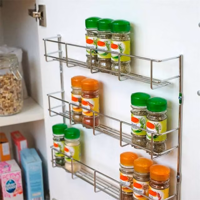 SPETLEK 3 Tier Wall Mounted Metal Spice Rack and Herb Storage for Kitchen in Metallic Silver