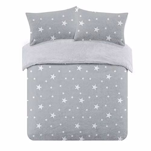 Dreamscene Star Teddy Fleece Duvet Cover and Pillowcase Set, Silver Grey White, W/D/H: 220 x 180 x 220 cm – 1