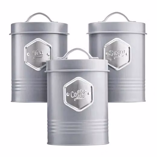 Cooks Professional 3-Piece Airtight Tea, Coffee and Sugar Canister Set in Grey with Silver Labels – 2