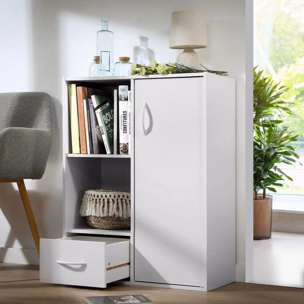 CALICOSY 2-Compartment Storage Shelf with 1 Drawer and 1 Cupboard, White, W: 61.5 cm, H: 80.0 cm, D: 29.5 cm – 2