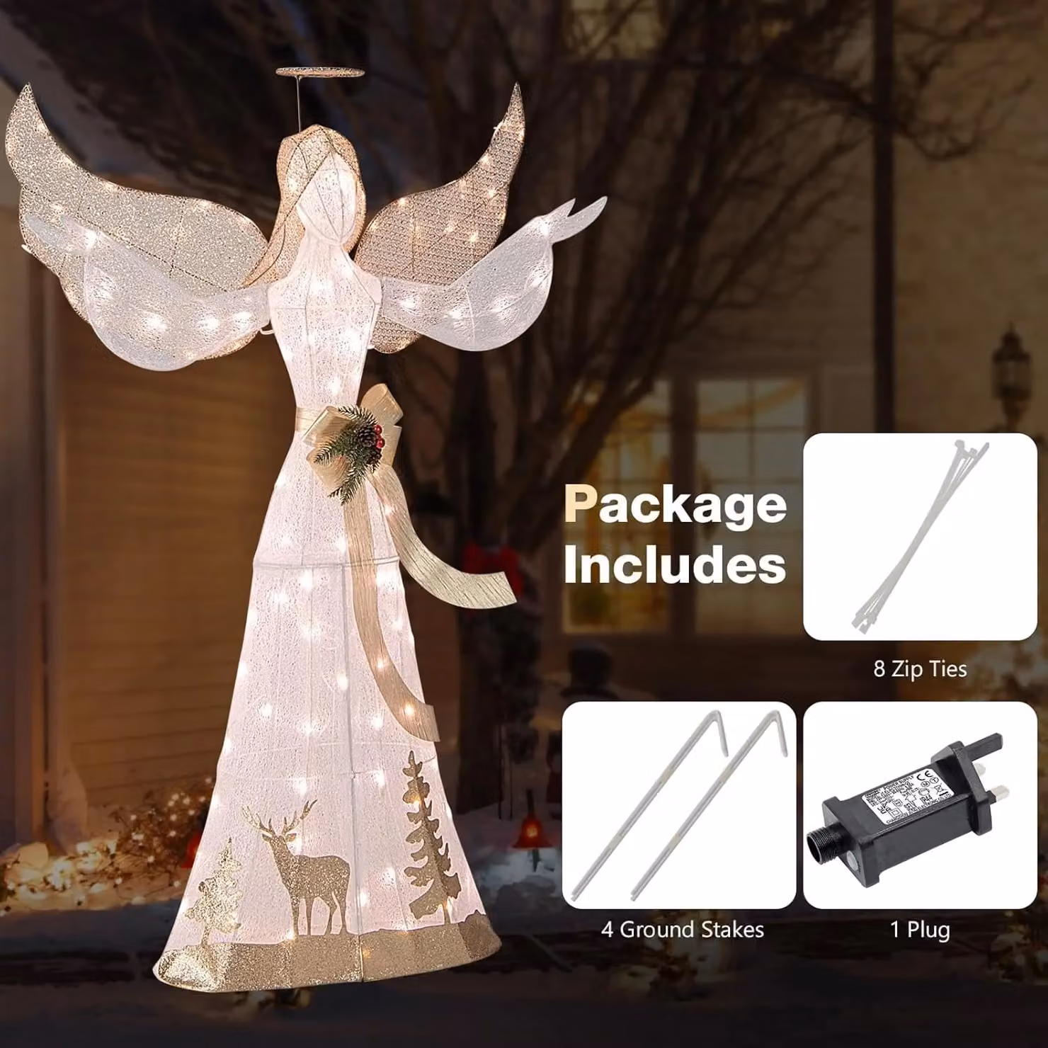 Costway 5FT Pre-lit 3D Glittered Christmas Angel with 100 Warm White Lights – 5