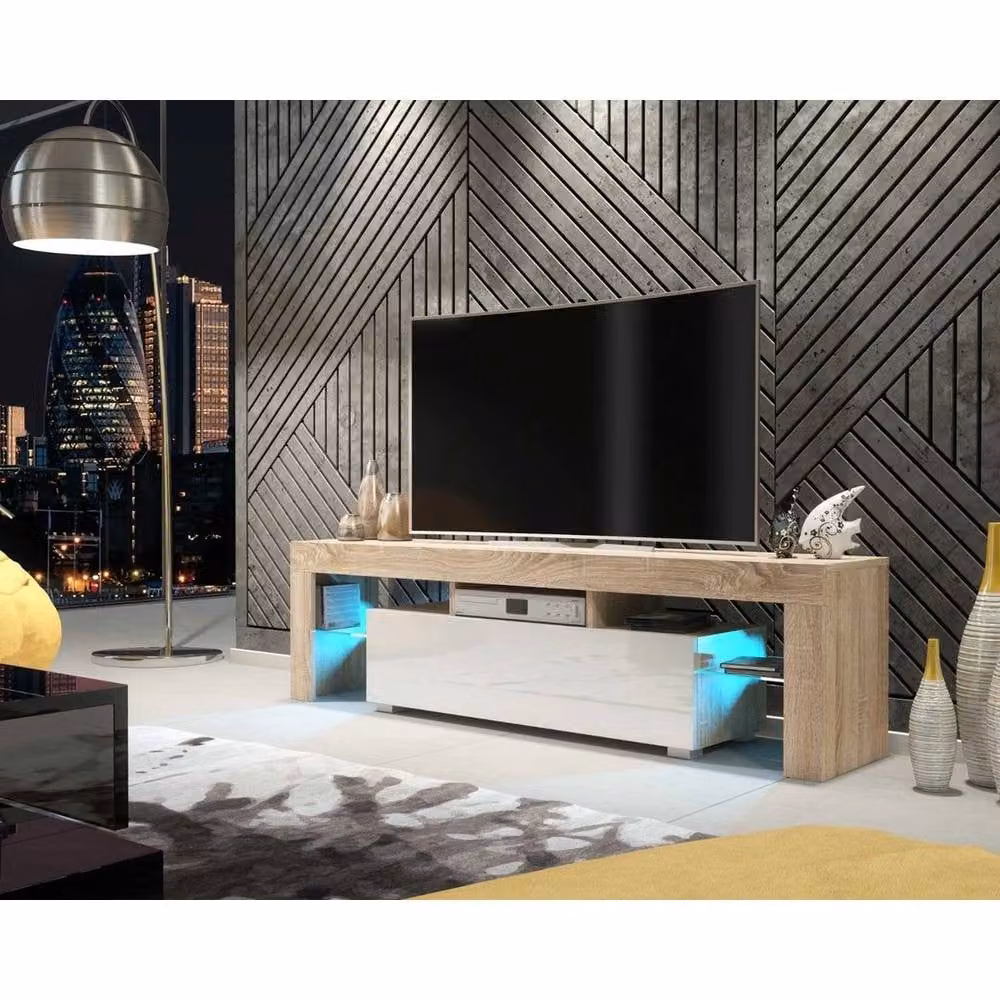 FORGEVIO Modern Oak TV Unit and Sideboard Cabinet in White with Integrated Lighting – 3