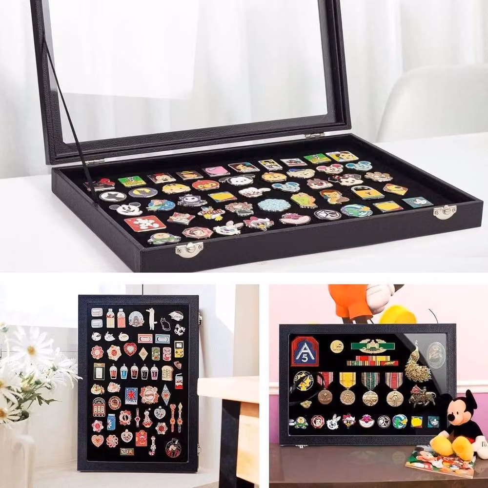 KORVIXA Black Pin Display Case with Fabric, Enamel and Glass, Width: 50 cm – 3