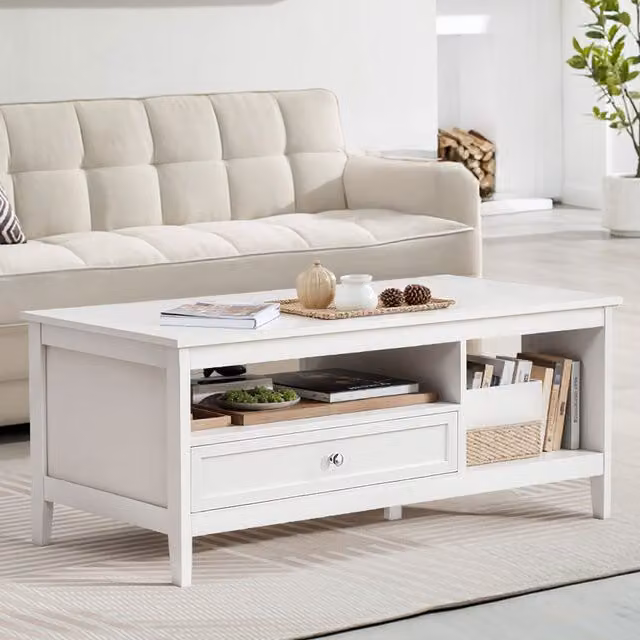 Komore Modern White Rectangular Coffee Table with Drawer